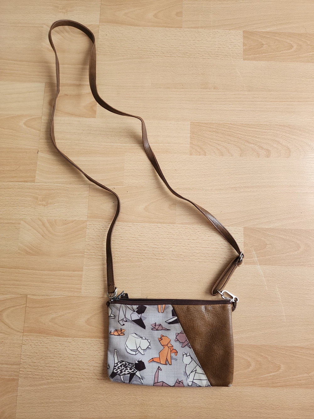 Brown Leather Accent Crossbody Bag with Origami Animal Print